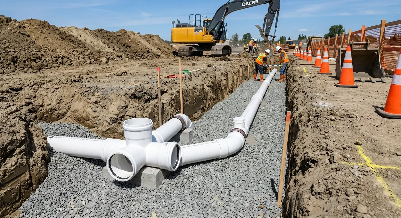 New PVC sewer pipe installation in open trench for Sewer Backup in Danville