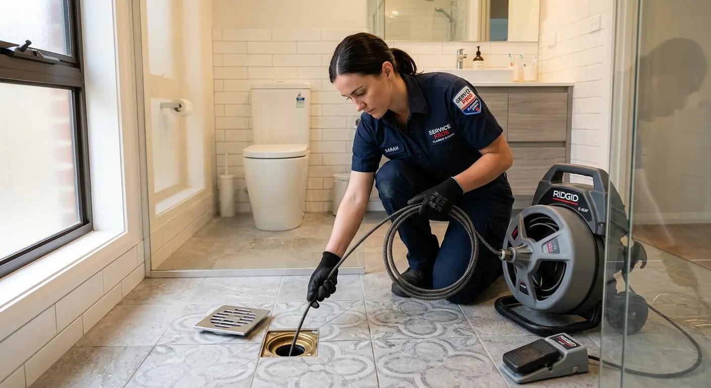 Technician clearing a bathroom floor drain for Drain Cleaning in Danville